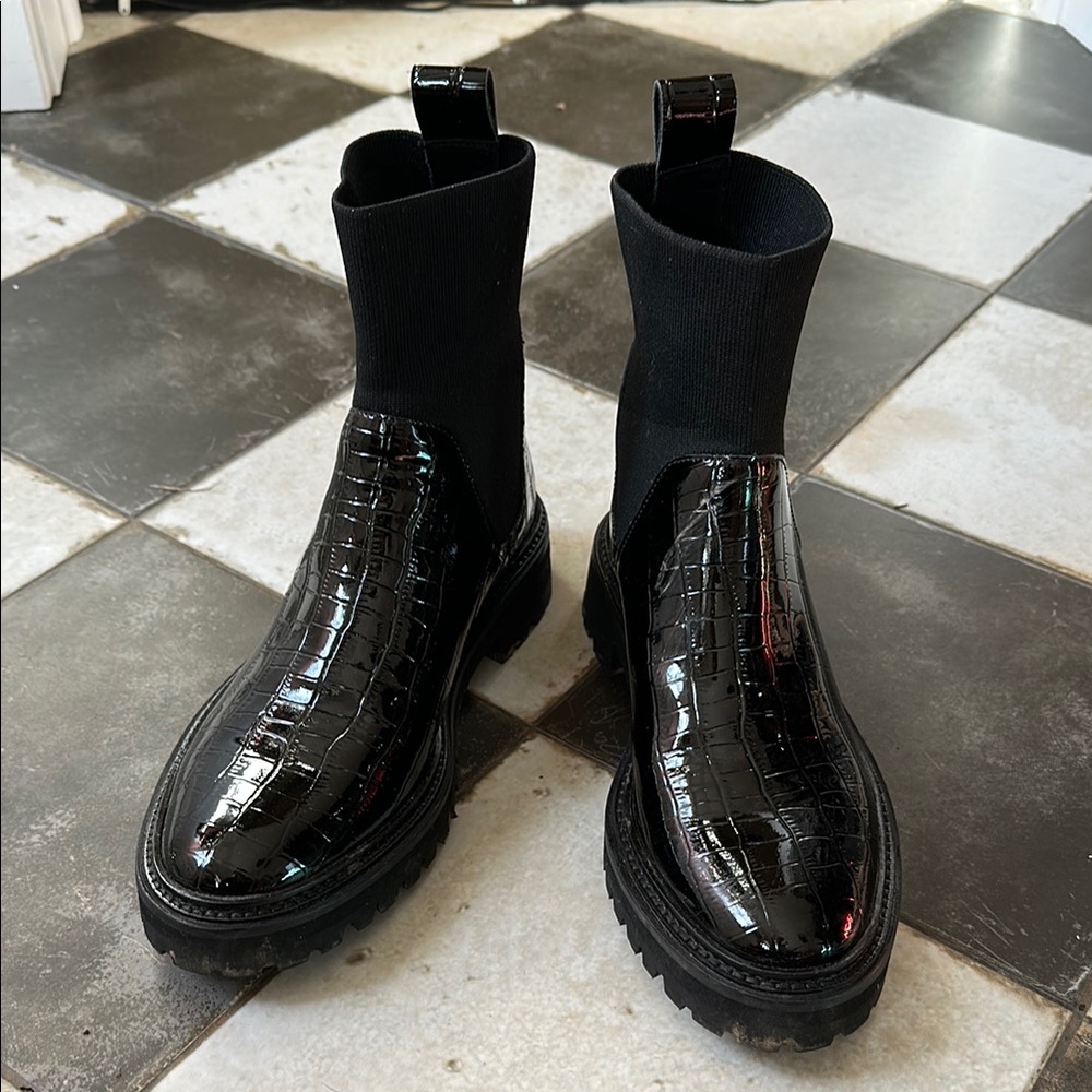 Loeffler Randall Black Croc-Embossed Ankle Boots
